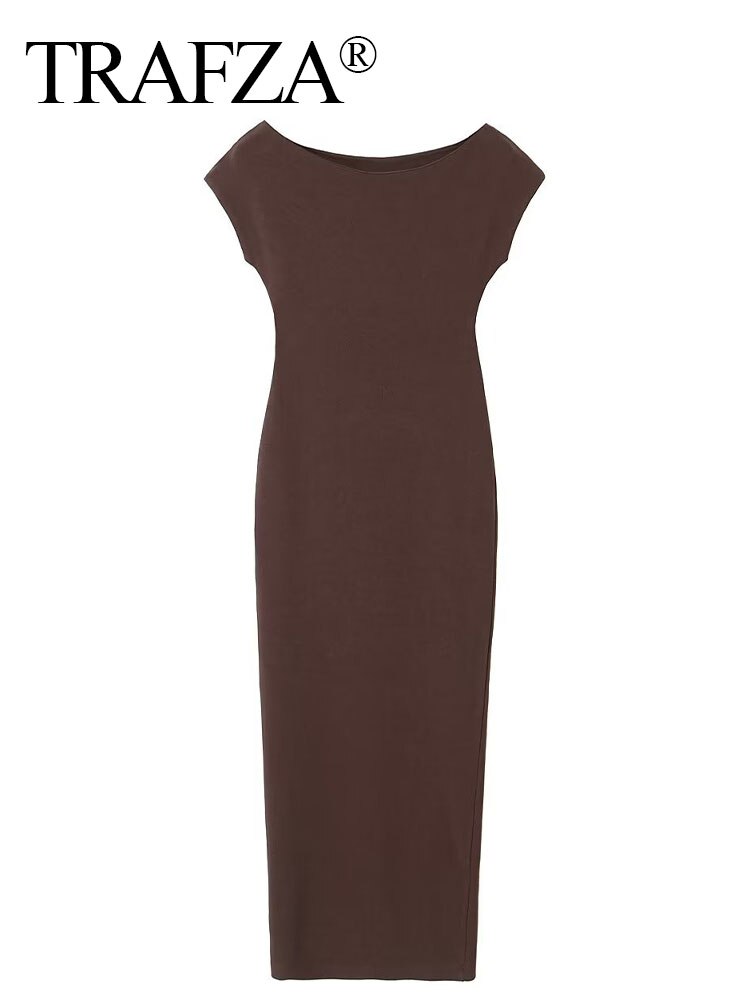 TRAFZA Summer Women's Beach Fashion O Neck Sleeveless Brown Mid Length Dress Vintage Tight Temperament Slim Dress Woman's