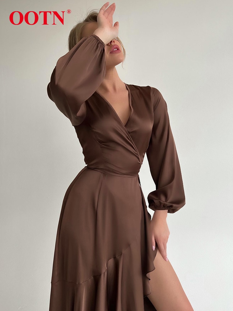 OOTN Elegant Brown Asymmetrical Wrap Dresses For Women Sexy Satin Lantern Sleeve Dress 2023 Lace Up Midi High Waist Dress Autumn