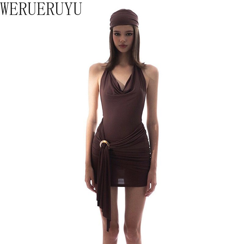 Brown Backless Beach Dress Aesthetic Clothing Summer Beach Outfits for Women Mini Sexy Sleeveless Bandage Dresses Womens 2023