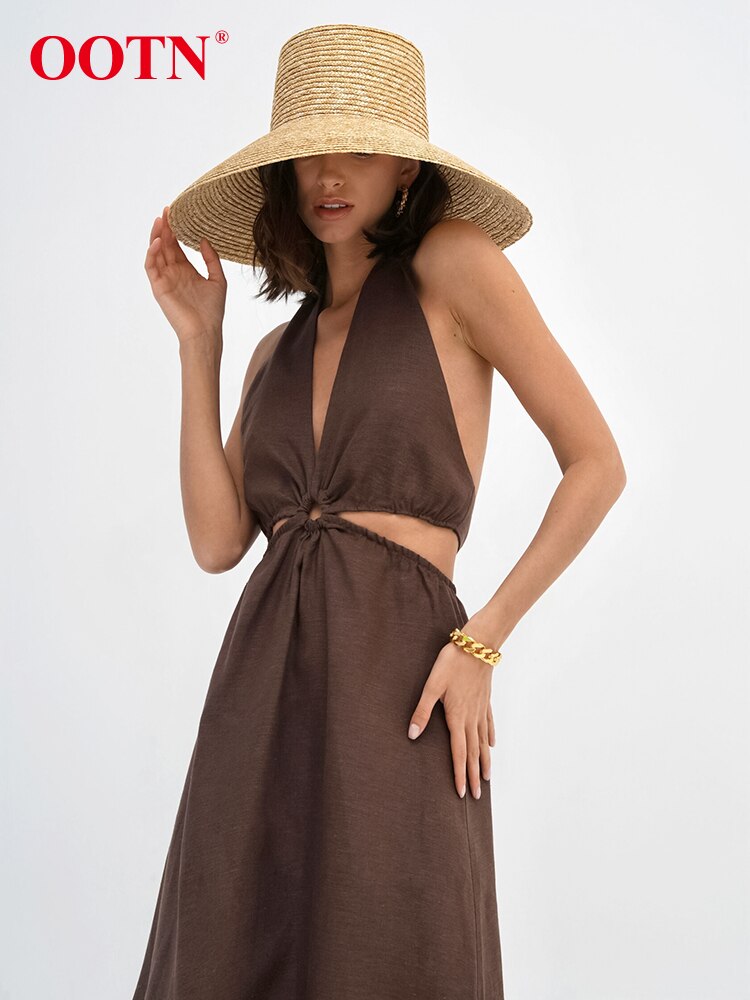 OOTN Sexy Brown Hollow Out Halter Dress Women 100% Cotton  Elegant High Waist Long Dress Summer Sleeveless Dresses Female 2023
