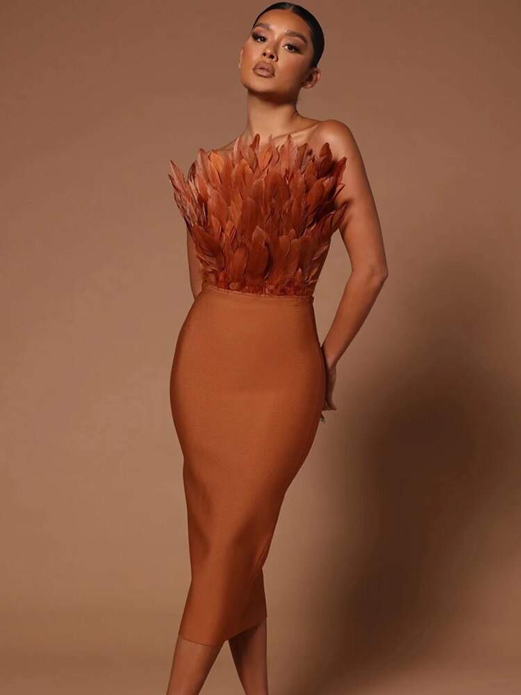 Summer Fashion Women Sexy Strapless Brown Hot Pink Feathers Bodycon Bandage Dress 2022 Elegant Midi Evening Club Party Dress
