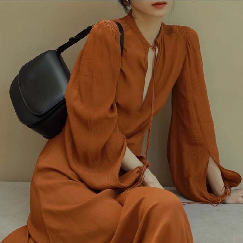 Orange Drawstring Dress 2023 New Autumn Light Mature Style Women'S Clothing Hong Kong Style First Love Dress Retro Gentle Style