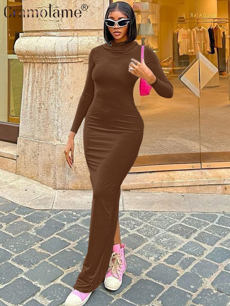 Elegant Long Sleeve Hooded Solid Bodycon Maxi Dress Women Party Slit Long Dresses 2023 Autumn Vestidos Purple Grey Brown Black
