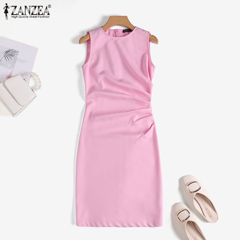 Sexy Sleeveless Bodycorn Work Sundress Elegant Women OL Dress ZANZEA Summer Casual Solid Pleated Office Vestido Midi Dresses Sexy Sleeveless Bodycorn Work Sundress Elegant Women OL Dress ZANZEA Summer Casual Solid Pleated Office Vestido Midi Dresses