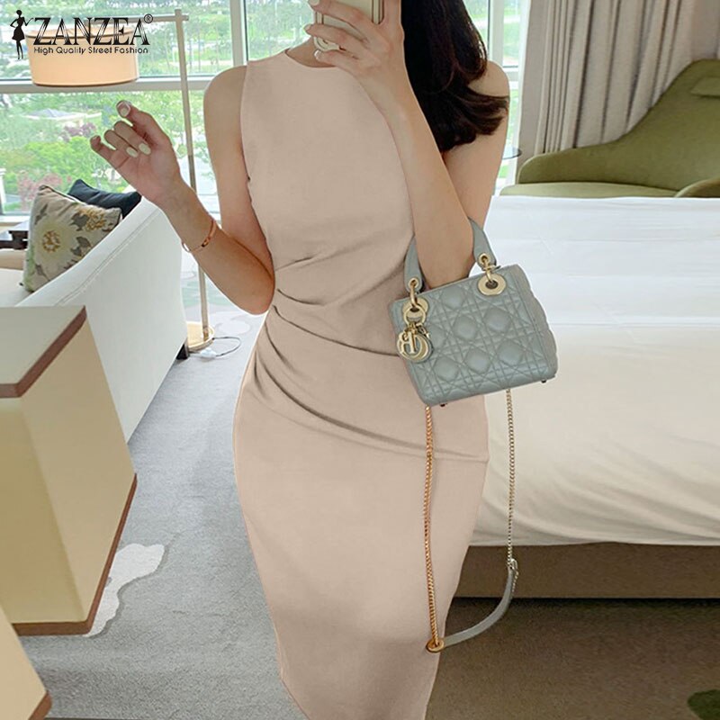 Sexy Sleeveless Bodycorn Work Sundress Elegant Women OL Dress ZANZEA Summer Casual Solid Pleated Office Vestido Midi Dresses Sexy Sleeveless Bodycorn Work Sundress Elegant Women OL Dress ZANZEA Summer Casual Solid Pleated Office Vestido Midi Dresses