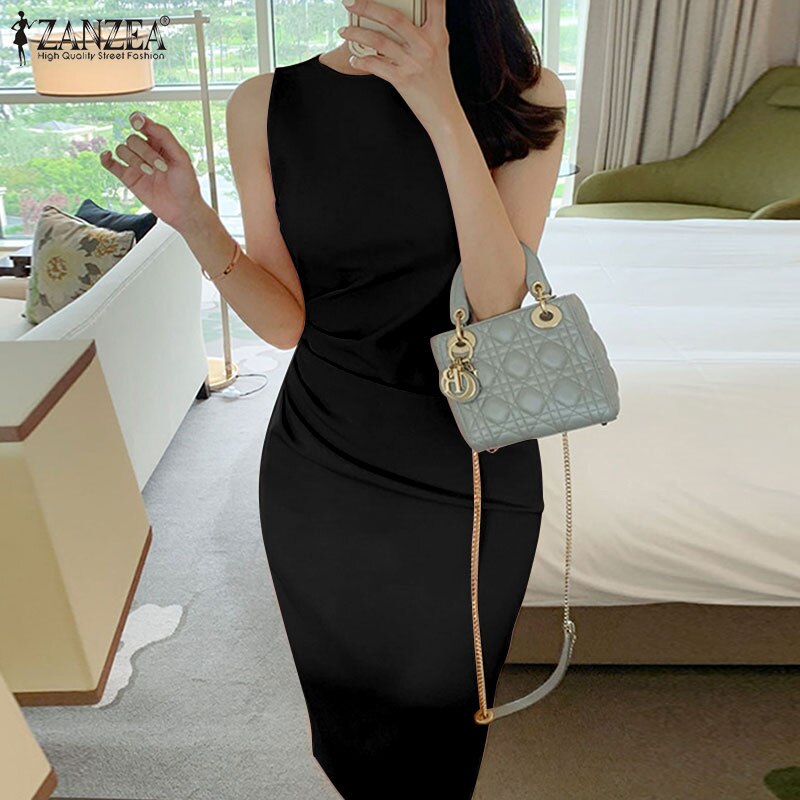Sexy Sleeveless Bodycorn Work Sundress Elegant Women OL Dress ZANZEA Summer Casual Solid Pleated Office Vestido Midi Dresses Sexy Sleeveless Bodycorn Work Sundress Elegant Women OL Dress ZANZEA Summer Casual Solid Pleated Office Vestido Midi Dresses