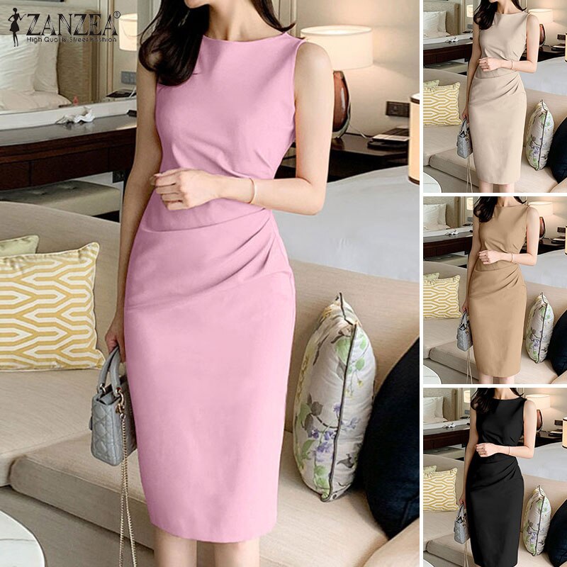 Sexy Sleeveless Bodycorn Work Sundress Elegant Women OL Dress ZANZEA Summer Casual Solid Pleated Office Vestido Midi Dresses Sexy Sleeveless Bodycorn Work Sundress Elegant Women OL Dress ZANZEA Summer Casual Solid Pleated Office Vestido Midi Dresses