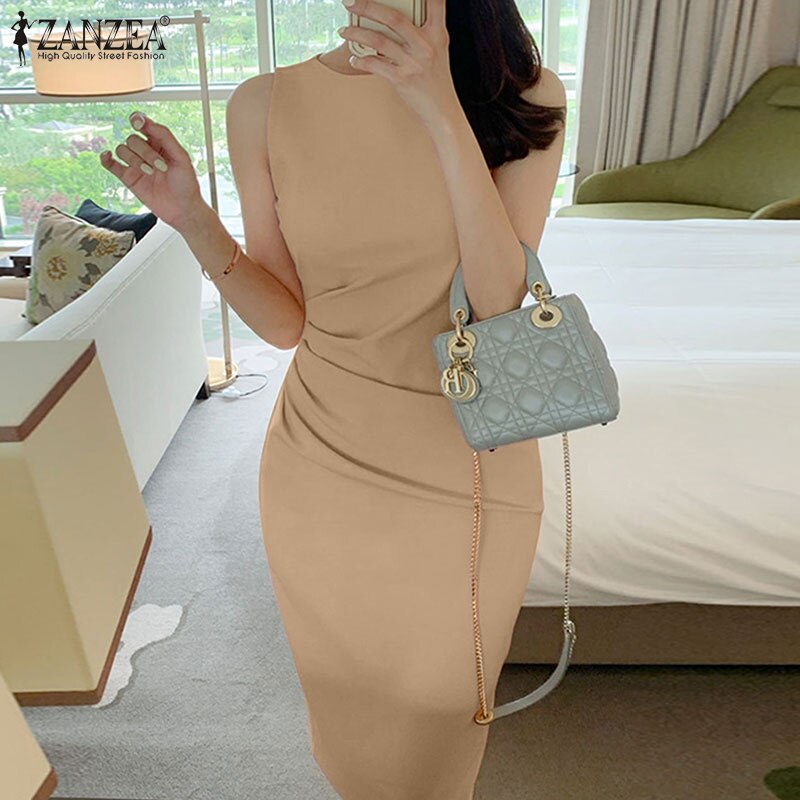 Sexy Sleeveless Bodycorn Work Sundress Elegant Women OL Dress ZANZEA Summer Casual Solid Pleated Office Vestido Midi Dresses Sexy Sleeveless Bodycorn Work Sundress Elegant Women OL Dress ZANZEA Summer Casual Solid Pleated Office Vestido Midi Dresses