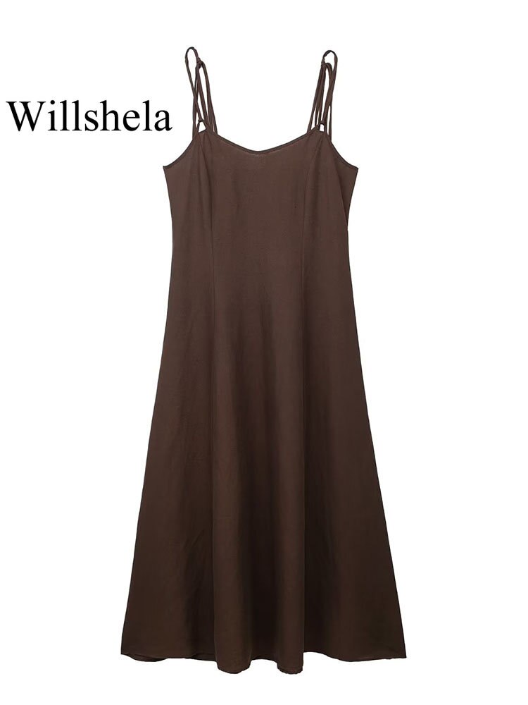 Willshela Women Fashion Brown Backless Zipper Midi Dress Vintage Thin Straps V-Neck Female Chic Lady Dresses