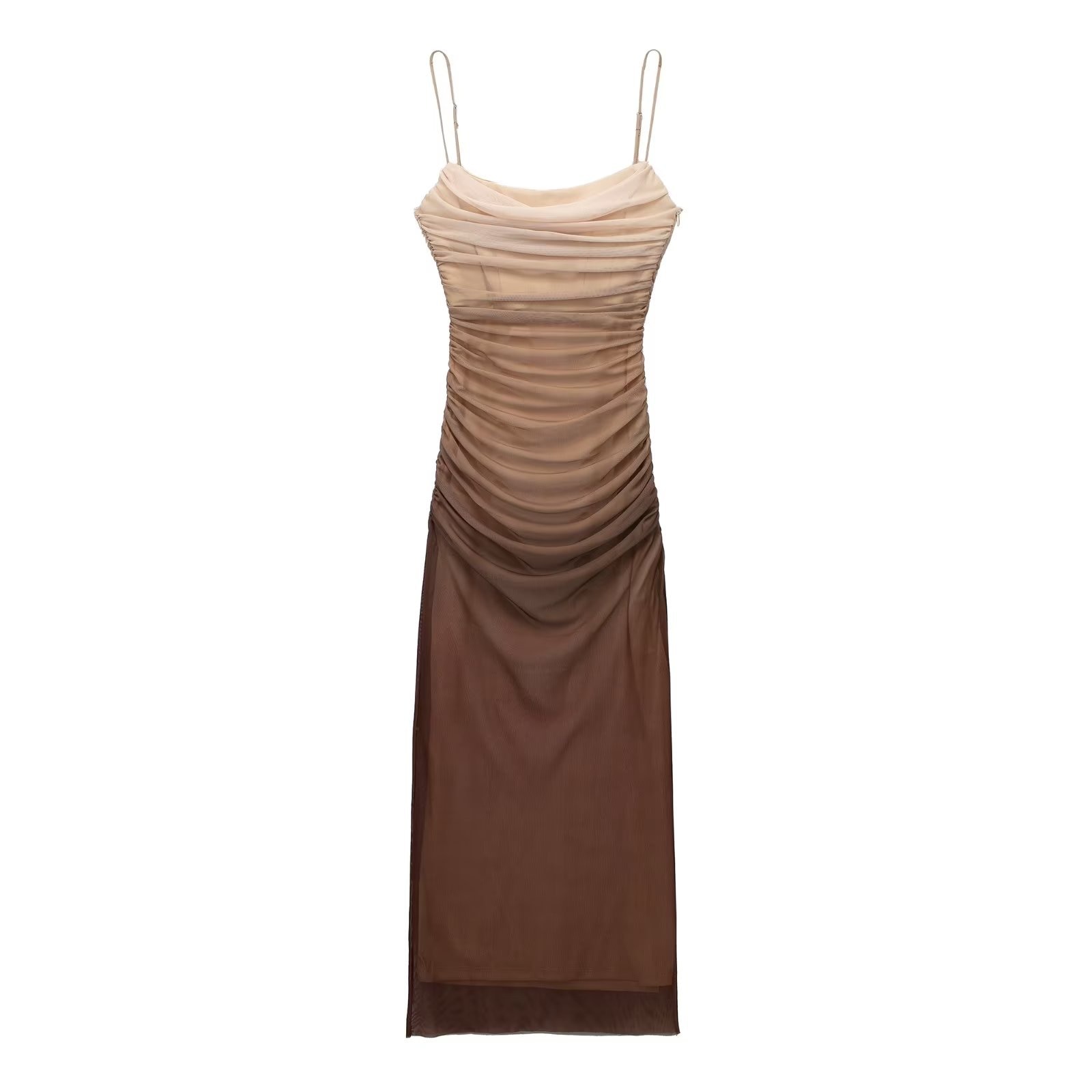 Brown Gradient Sexy Halter Long Dress For Women Mesh Backless Sleeveless Pleated Summer Slimming Fit Spaghetti Strap Dresses