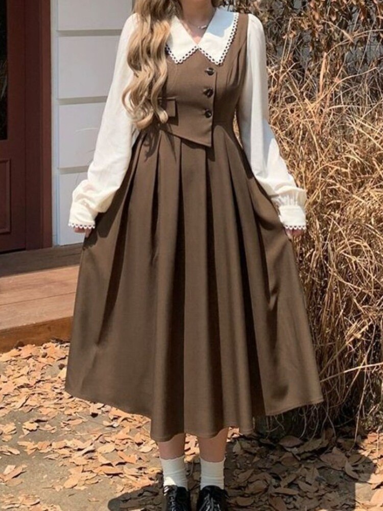 QWEEK Preppy Style Vintage School Student Dress Women Retro Design Kawaii Brown Long Sleeve Midi Party Dresses 2023 Autumn