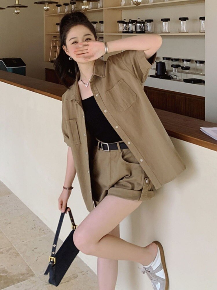 Summer Solid Cargo Shorts Tops Matching Sets Women Short Sleeve Casual Clothes Female Thin Retro Single Breasted Tees Pants Suit