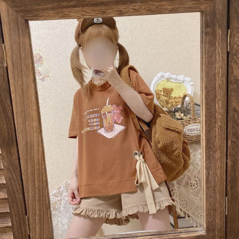Summer Sets Japanese Kawaii Ruffles O Neck Tshirts Bandage Print Short Sleeve Tees Solid Shorts Y2k Harajuku Two Piece Women
