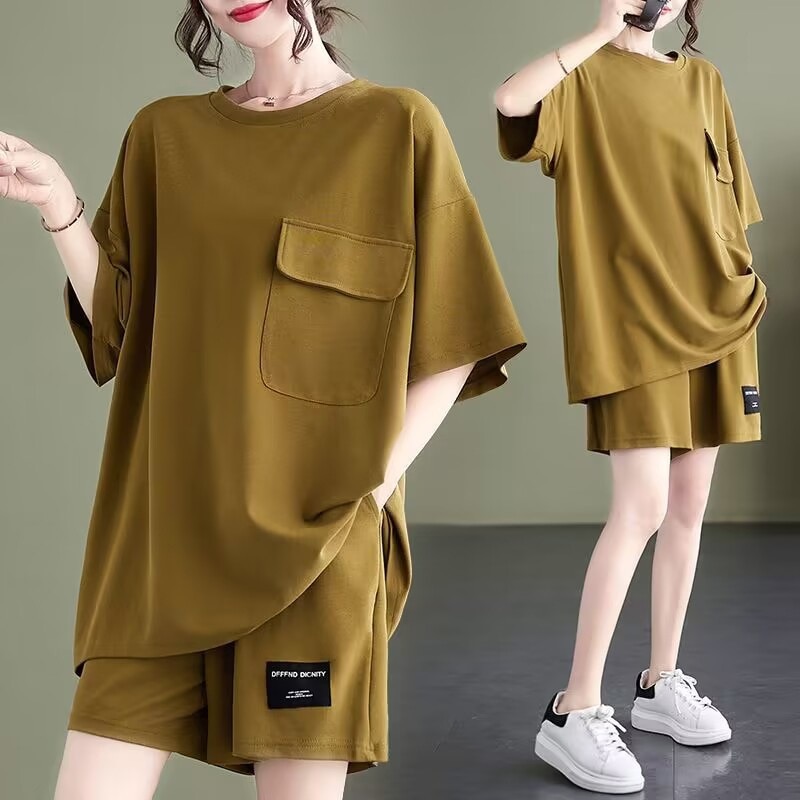 Women's Fashion Casual Outfits 2023 Summer Short Sleeve Loose Solid T Shirt Two Piece Sets Sports Shorts Running Sets For Women