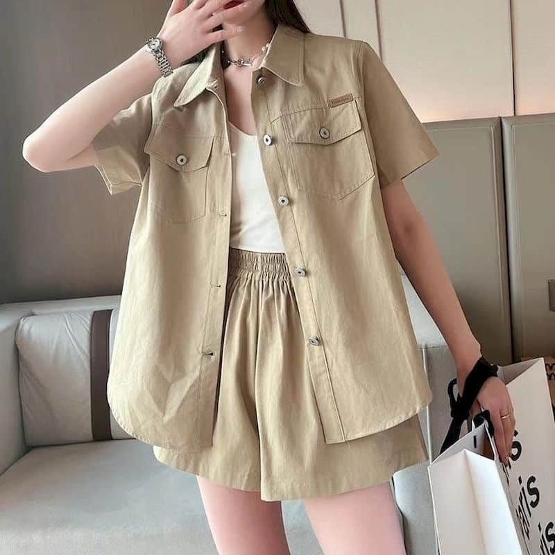 Shorts Sets Oversized Half Sleeve Korean Style Polo-neck Shirts and Wide Leg Pants Loose Two Piece Sets Casual Women Clothing