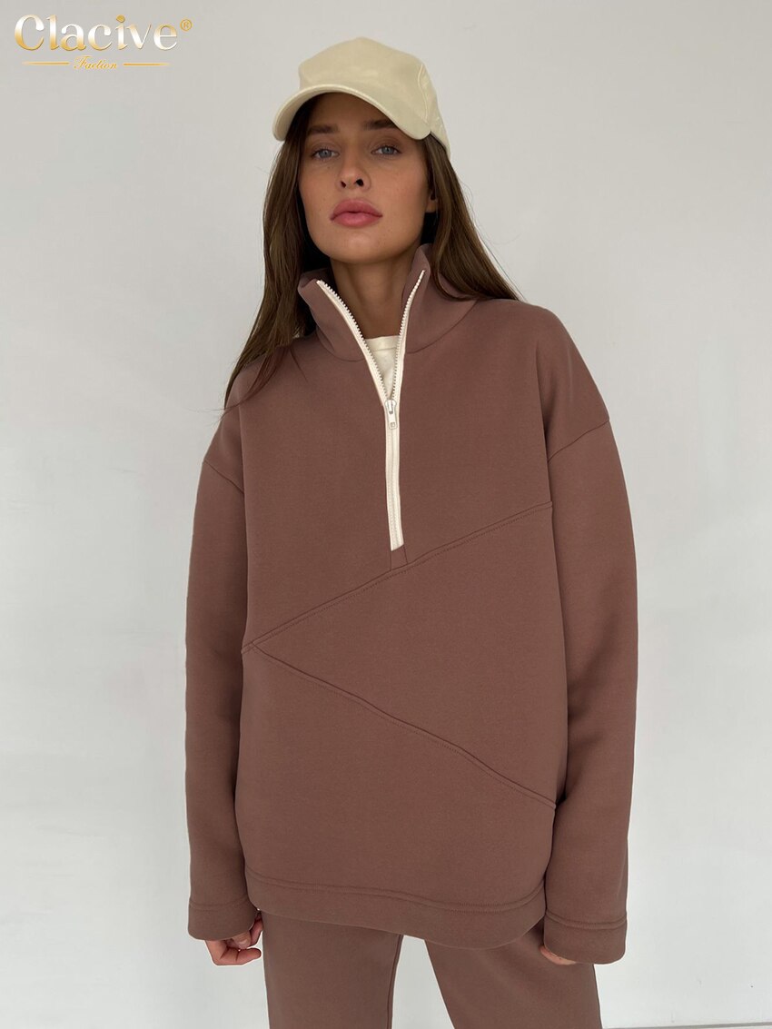 Clacive Winter Brown Women'S Tracksuit 2023 Fashion High Wasit Sport Pants Set Elegant Turtleneck Sweatshirt 2 Piece Set Woman