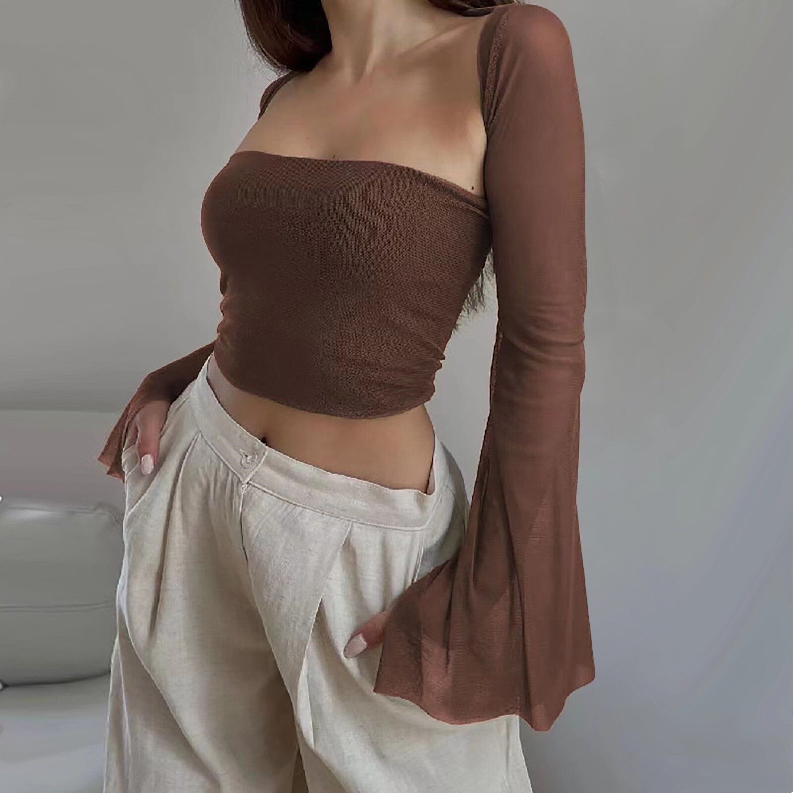 Two Piece Set Women's Bandeau Fairycore Crop Tops Brown Vest Mesh Flare Long Sleeve Short Cardigan Sets Streetwear Outfits Y2k