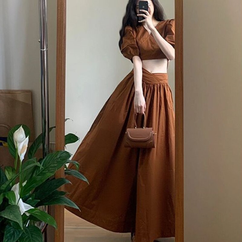 2023 Women Summer Brown 2-piece Set Crop Top Long Skirt Suit