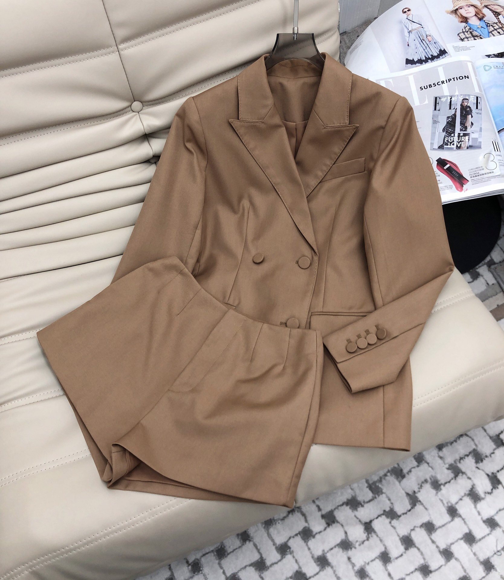 double breasted women brown blazer + shorts set OL fashion elegant wool blended 2 pieces set