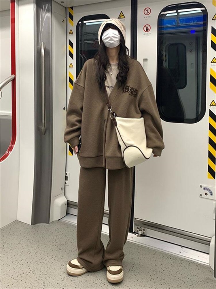 QWEEK Korean Fashion Brown Tracksuit Women Oversized Vintage Streetwear Oversized Gray Pant Sets Retro Basic Wide Leg Sweatpants