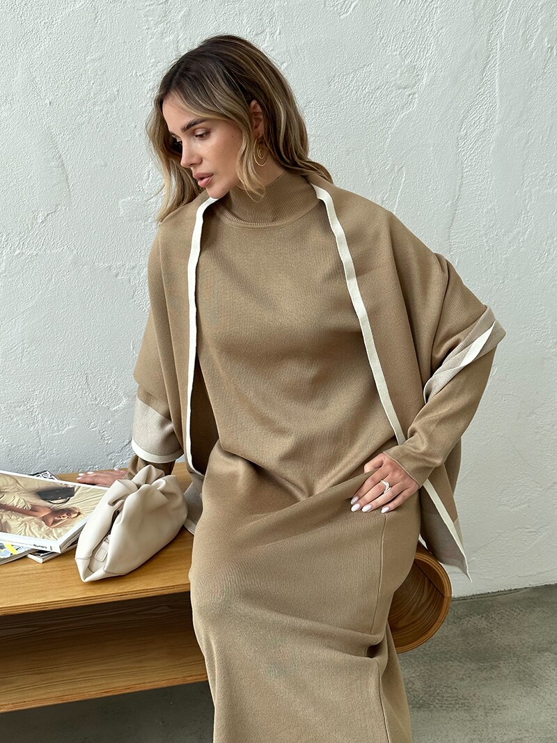 Elegant Knit Two Piece Set Black Brown Shawl Dress Women Knit Suit 2 Piece Sets Women Outfit Winter Knitted Two Piece Women Sets