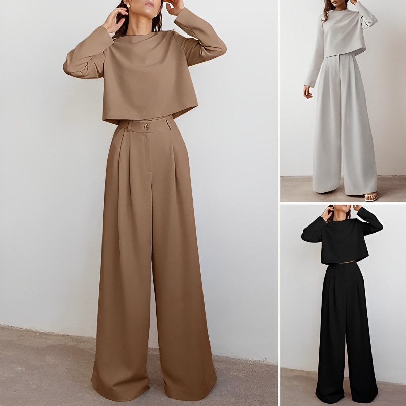 Women's Trouser Sets Commuter Brown Fashion Korean Long Sleeve Cotton Two Piece Set Spring Autumn Vintage Classic Palazzo Pants