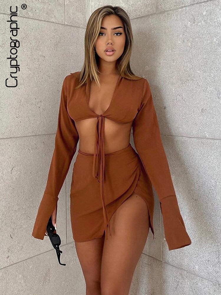 Cryptographic Brown Sexy Tie Front Top and Skirt Sets Women Fashion Outfits Fall Matching Set Split Skirt Club Party Clothes