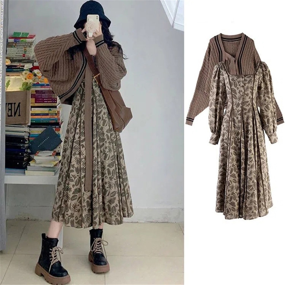 French Vintage Brown 2pcs Set Bat Sleeve Cropped Cardigan Knitted Sweater +Floral Print Pleated Long Dress Korean Elegant Suit