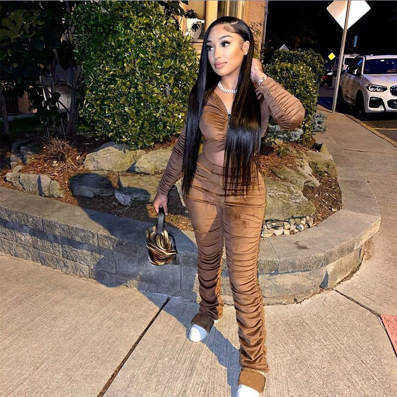 ANJAMANOR Brown Velvet Track Suits for Women Two Piece Pants Sets Sexy Winter Outfits Jogging Sets In Women Sweatsuits D44-EF47