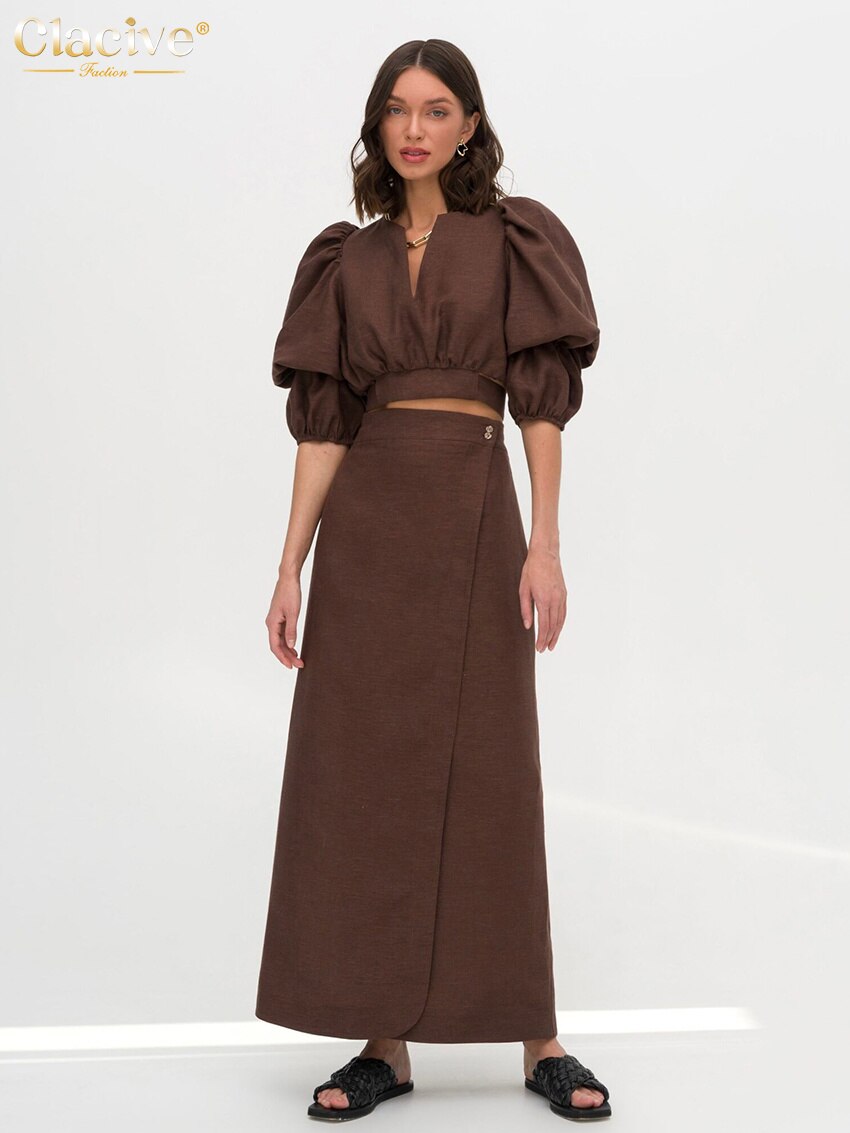 Clacive Fashion Loose Brown Linen 2 Piece Set Women Outfit Summer Short Sleeve Crop Shirt With High Waist Long Skirts Set Female