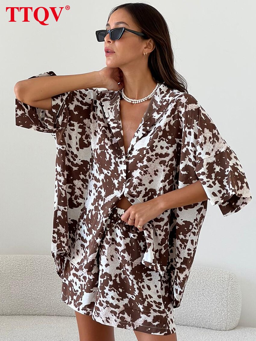 TTQV Casual Brown Print Shirts Shorts Sets Elegant Half Sleeve Loose Single Breasted Shirts And High Waisted Shorts Female Sets
