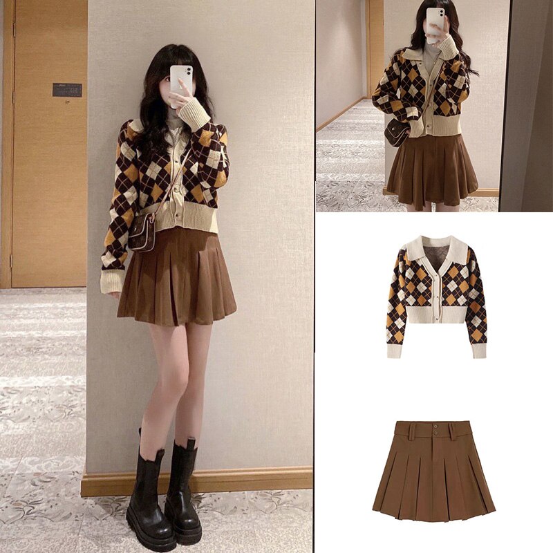 Women Sweaters Set Brandy Mandy Collocation Fashion V-neck Cardigan Suit Brown Sweater Set with Skirts Women Sweater Suit Sets