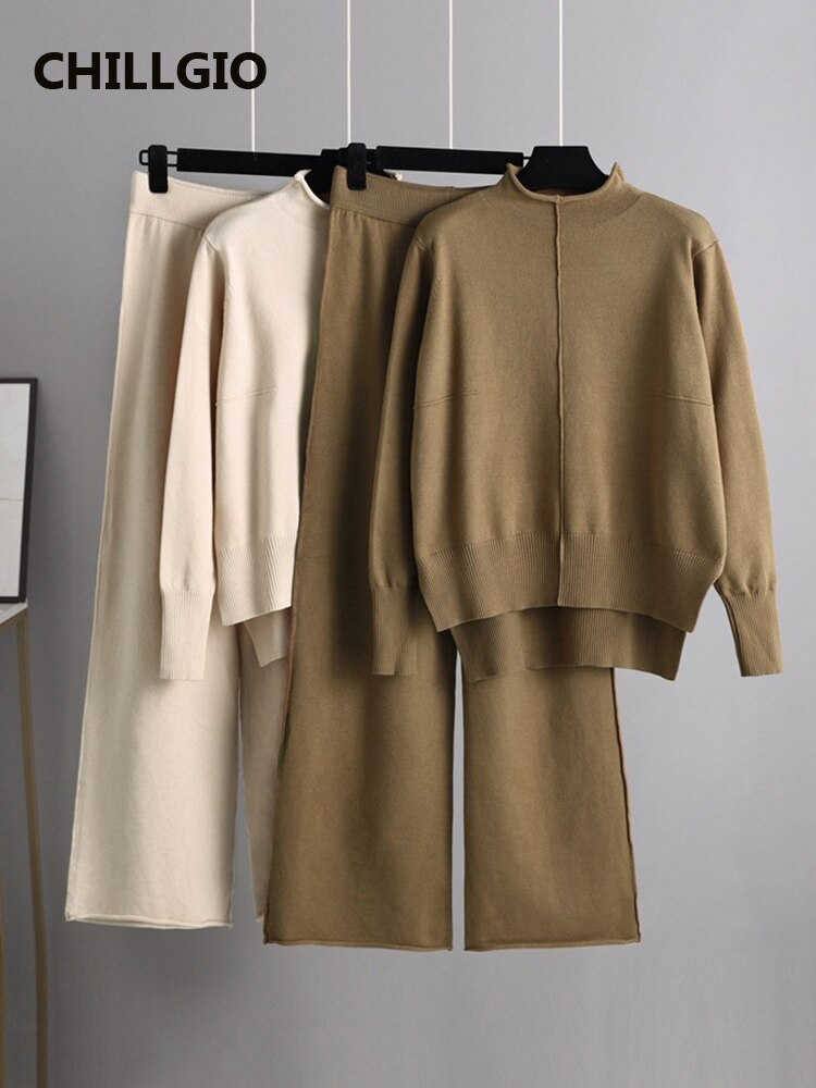CHILLIGO Women Knitted Suits Outfits Winter Casual Knitting Pullovers Long Wide Pants Warm Autumn Fashion Two Pieces Sweater Set