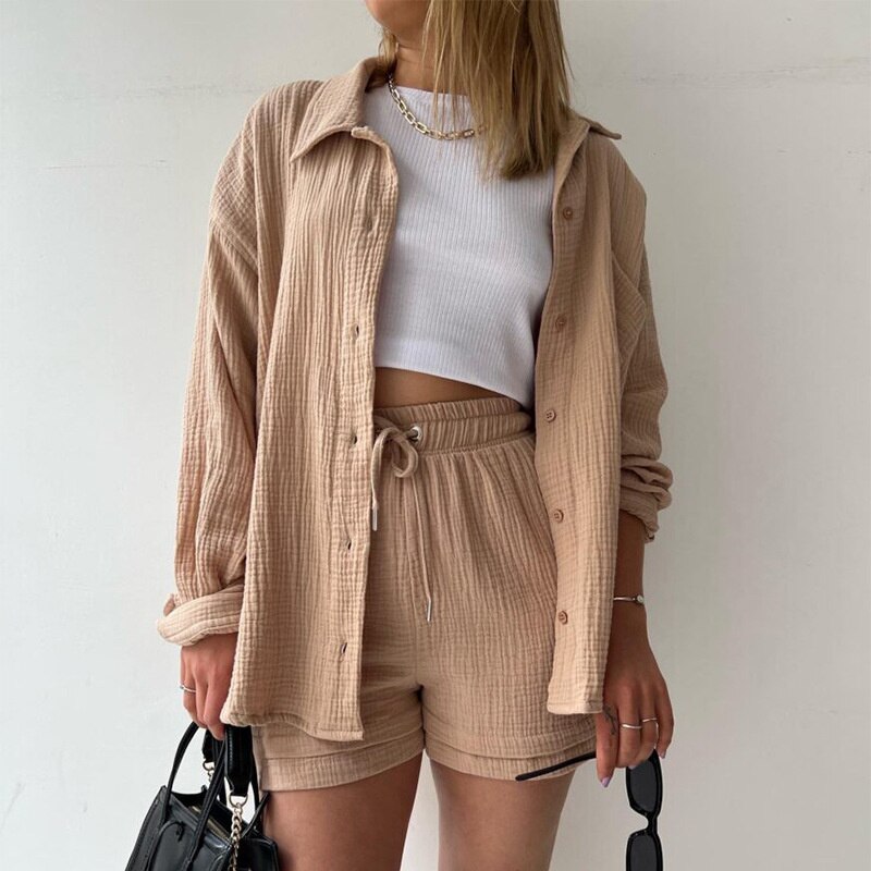 Woman Casual Brown Loose Shirt Suit 2023 Spring Female Solid Soft Long Sleeve Button Shirts Sets Girls Shorts 2 Pcs Suits