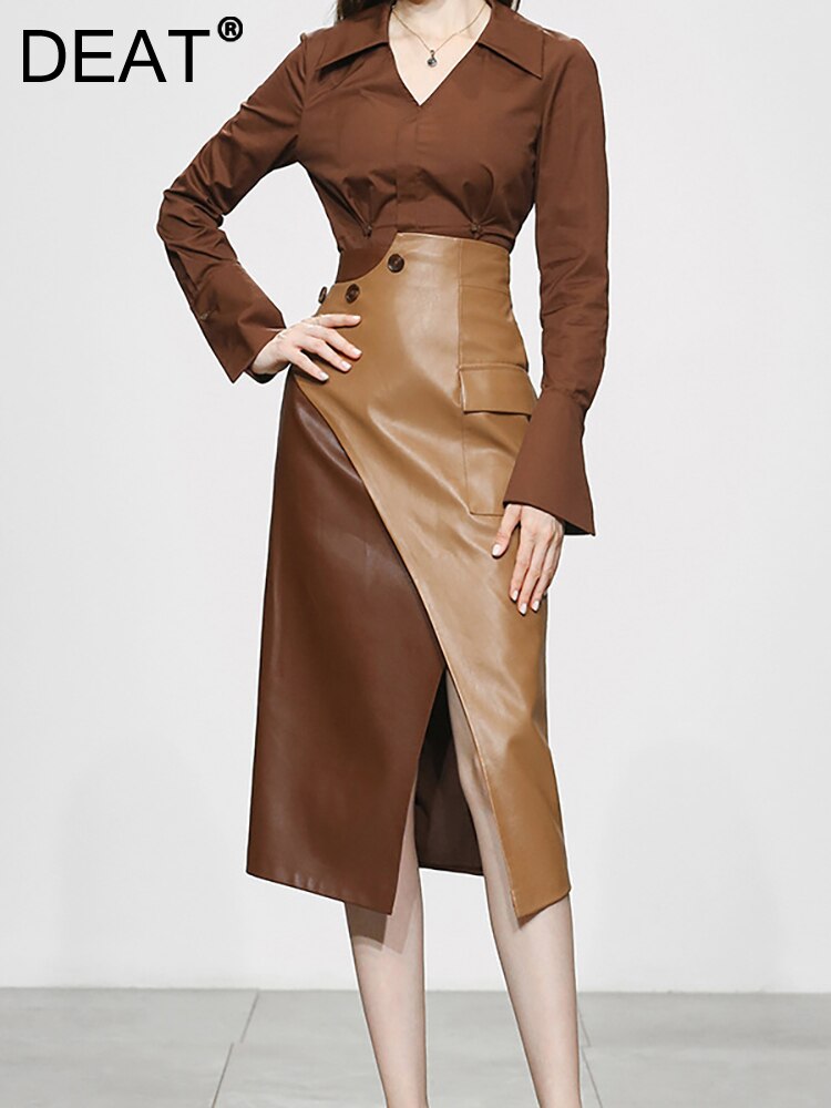 DEAT Fashion Women's 2 Pcs Set Lapel Brown Shirt High Waist Spliced Irregular PU Leather A-line Dress Summer 2023 New 17A5983