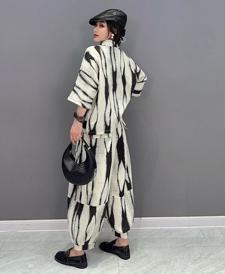 Two Pieces Set Woman Summer Brown Painting Fashion Oversized Loose Fit Blouse And Long Pencil Pants Casual Print Outfit JJSE021 Two Pieces Set Woman Summer Brown Painting Fashion Oversized Loose Fit Blouse And Long Pencil Pants Casual Print Outfit JJSE021