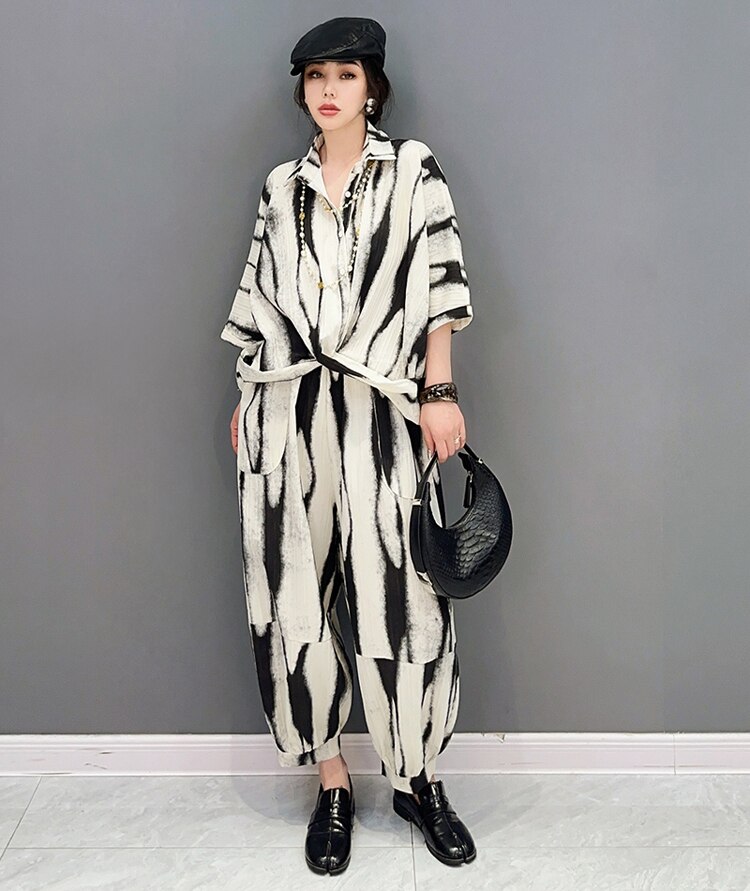 Two Pieces Set Woman Summer Brown Painting Fashion Oversized Loose Fit Blouse And Long Pencil Pants Casual Print Outfit JJSE021 Two Pieces Set Woman Summer Brown Painting Fashion Oversized Loose Fit Blouse And Long Pencil Pants Casual Print Outfit JJSE021