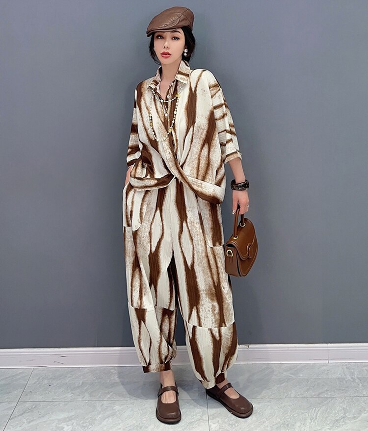 Two Pieces Set Woman Summer Brown Painting Fashion Oversized Loose Fit Blouse And Long Pencil Pants Casual Print Outfit JJSE021 Two Pieces Set Woman Summer Brown Painting Fashion Oversized Loose Fit Blouse And Long Pencil Pants Casual Print Outfit JJSE021