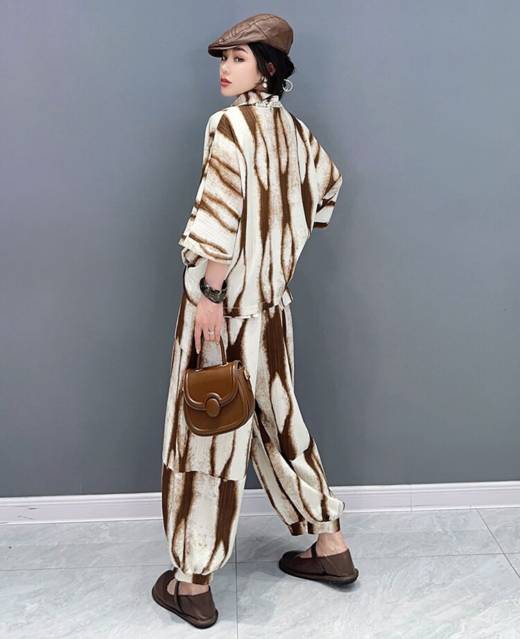 Two Pieces Set Woman Summer Brown Painting Fashion Oversized Loose Fit Blouse And Long Pencil Pants Casual Print Outfit JJSE021 Two Pieces Set Woman Summer Brown Painting Fashion Oversized Loose Fit Blouse And Long Pencil Pants Casual Print Outfit JJSE021