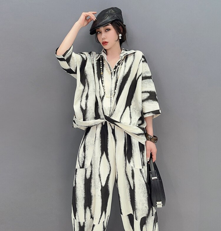 Two Pieces Set Woman Summer Brown Painting Fashion Oversized Loose Fit Blouse And Long Pencil Pants Casual Print Outfit JJSE021 Two Pieces Set Woman Summer Brown Painting Fashion Oversized Loose Fit Blouse And Long Pencil Pants Casual Print Outfit JJSE021