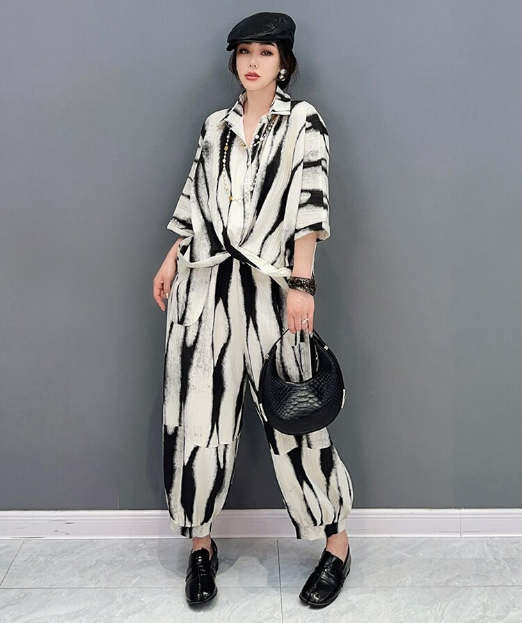Two Pieces Set Woman Summer Brown Painting Fashion Oversized Loose Fit Blouse And Long Pencil Pants Casual Print Outfit JJSE021 Two Pieces Set Woman Summer Brown Painting Fashion Oversized Loose Fit Blouse And Long Pencil Pants Casual Print Outfit JJSE021