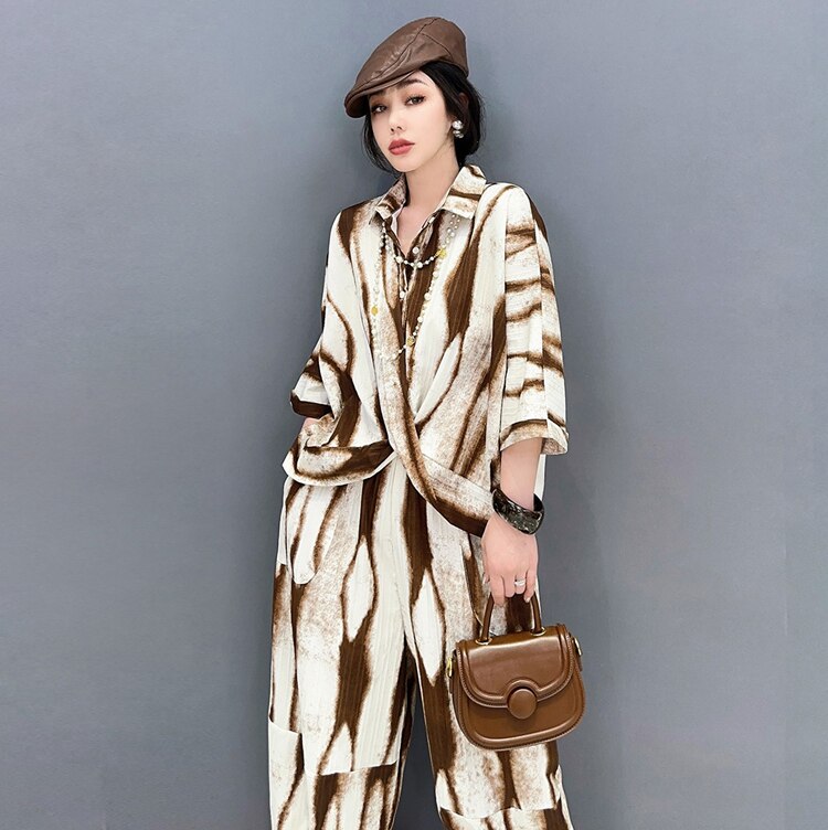 Two Pieces Set Woman Summer Brown Painting Fashion Oversized Loose Fit Blouse And Long Pencil Pants Casual Print Outfit JJSE021 Two Pieces Set Woman Summer Brown Painting Fashion Oversized Loose Fit Blouse And Long Pencil Pants Casual Print Outfit JJSE021