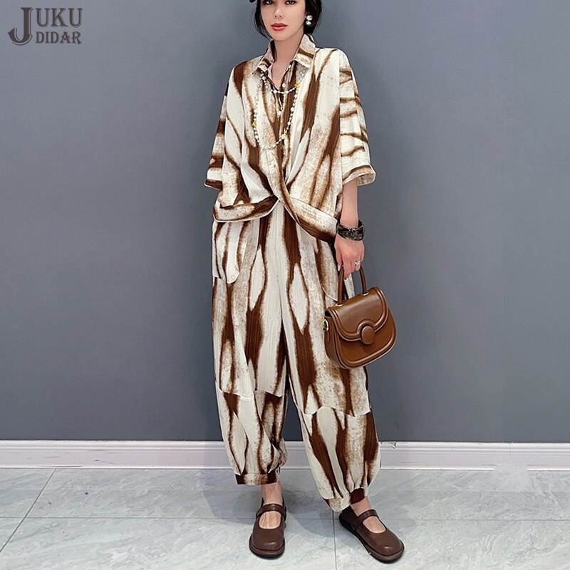 Two Pieces Set Woman Summer Brown Painting Fashion Oversized Loose Fit Blouse And Long Pencil Pants Casual Print Outfit JJSE021