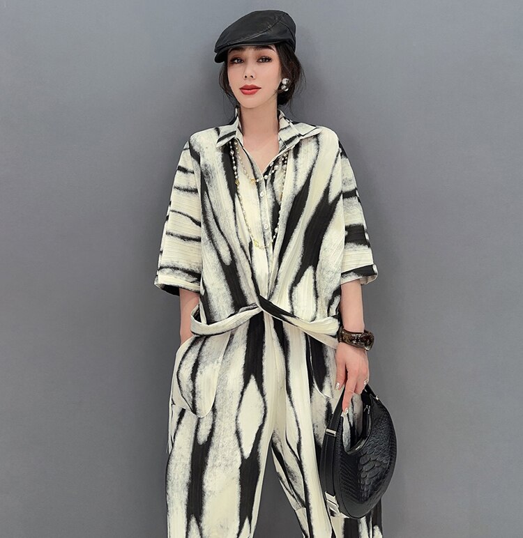 Two Pieces Set Woman Summer Brown Painting Fashion Oversized Loose Fit Blouse And Long Pencil Pants Casual Print Outfit JJSE021 Two Pieces Set Woman Summer Brown Painting Fashion Oversized Loose Fit Blouse And Long Pencil Pants Casual Print Outfit JJSE021