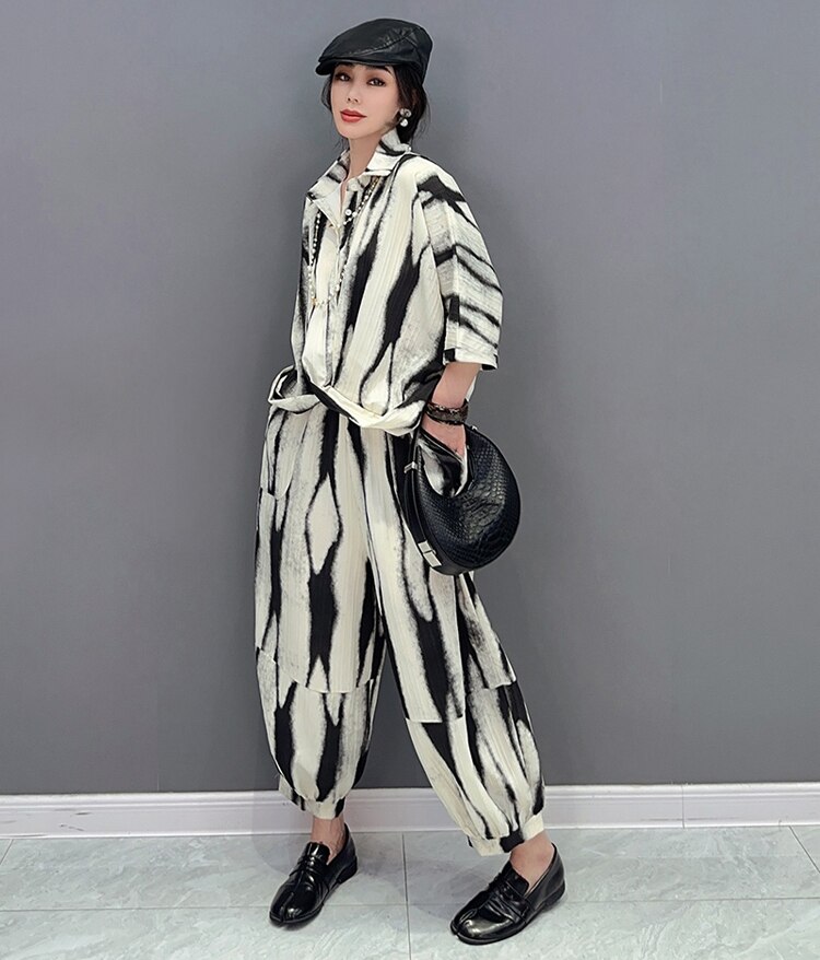 Two Pieces Set Woman Summer Brown Painting Fashion Oversized Loose Fit Blouse And Long Pencil Pants Casual Print Outfit JJSE021 Two Pieces Set Woman Summer Brown Painting Fashion Oversized Loose Fit Blouse And Long Pencil Pants Casual Print Outfit JJSE021