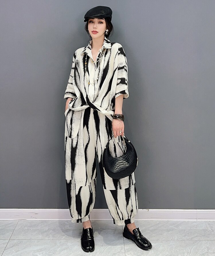 Two Pieces Set Woman Summer Brown Painting Fashion Oversized Loose Fit Blouse And Long Pencil Pants Casual Print Outfit JJSE021 Two Pieces Set Woman Summer Brown Painting Fashion Oversized Loose Fit Blouse And Long Pencil Pants Casual Print Outfit JJSE021