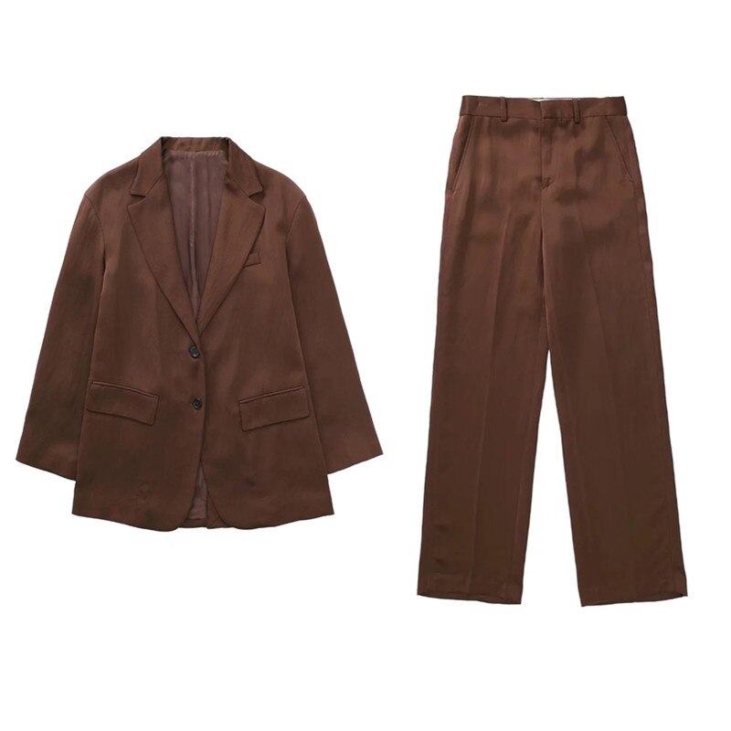 Woman Vinatge Brown Satin Blazer Suit 2022 Spring Female Loose Solid Blazers Suits Ladies High Street Oversized Matching Sets
