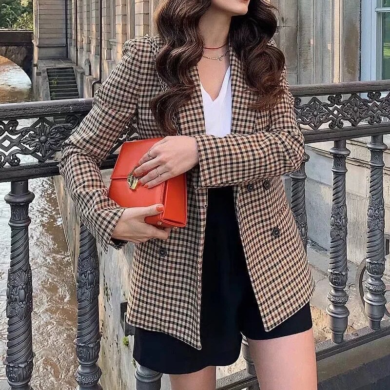 Woman Brown Houndstooth Plaid Female Blazer Autumn 2022 Retro Double-Breasted Office Lady Casual Suit Business Classic Coat Chic
