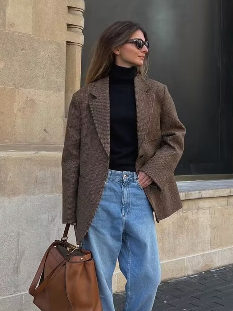 ZACK RAIN Women Fashion Office Wear Check Blazers Coat Vintage Long Sleeve Houndstooth Suit Jacket Loose Female Brown Outwear