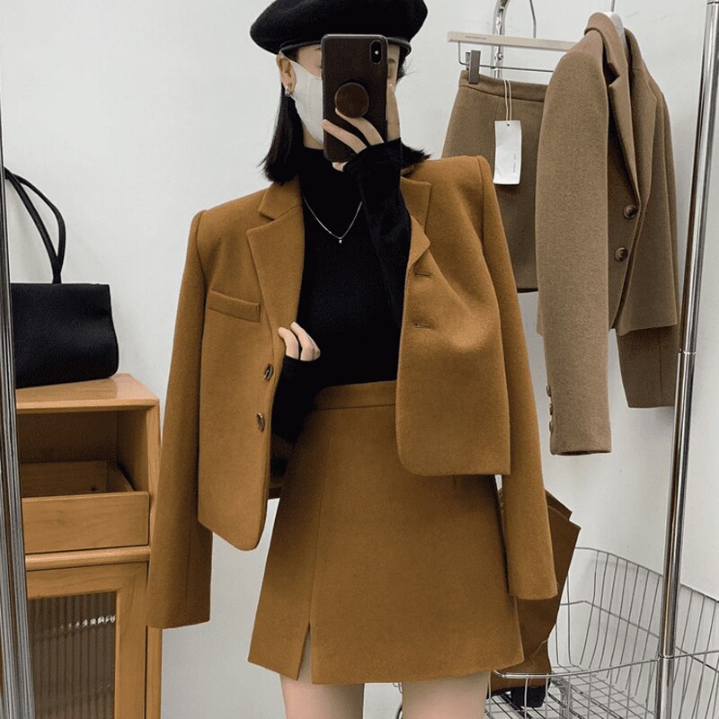 Winter New Brown Skirt Set Women Fashion Cropped Woolen Blazers + Mini Skirts Vintage Two Piece Suits Woman's Clothing